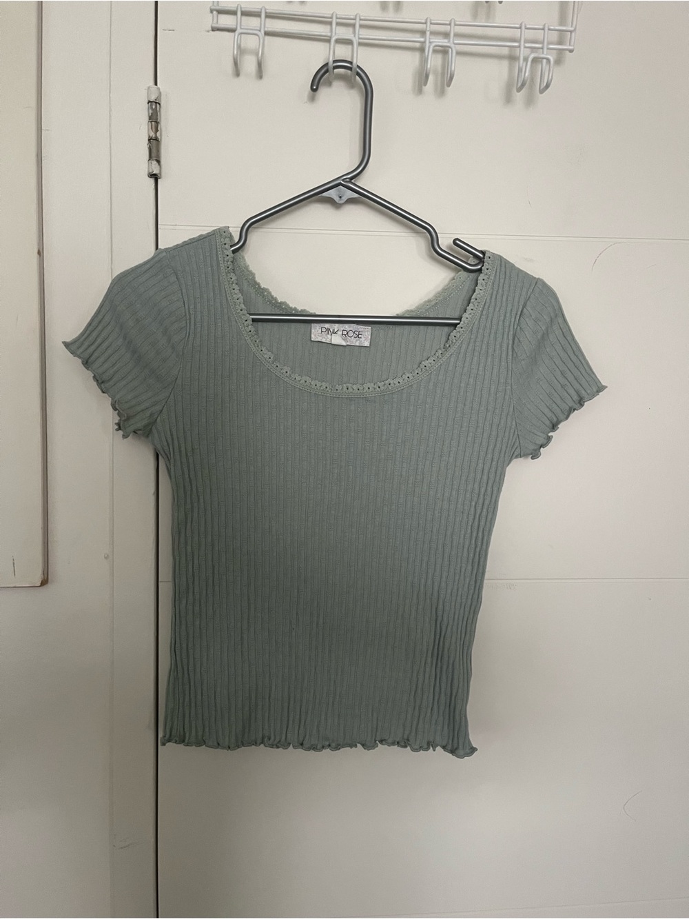 Fairycore Sage Green Ribbed Scoop Neck Short Sleeve Top